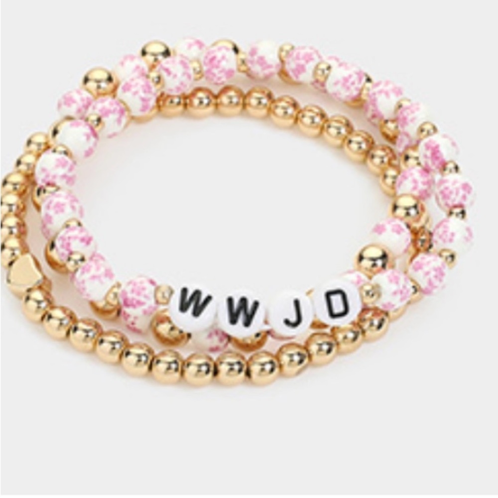 Gold and Pink Beaded Bracelet Set